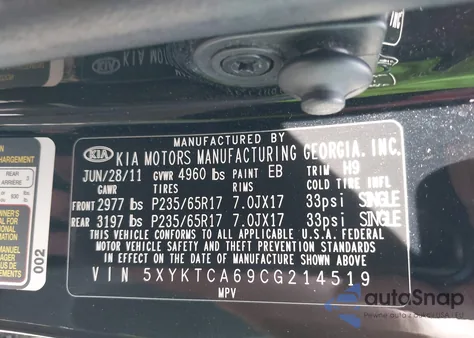 2012 Kia Sorento Lx from USA, damaged, VIN 5XYKTCA69CG214519
